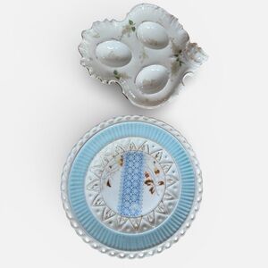 Vintage Bavarian China Germany Oyster Plate & Vintage Blue Pierced Rim Plate Set